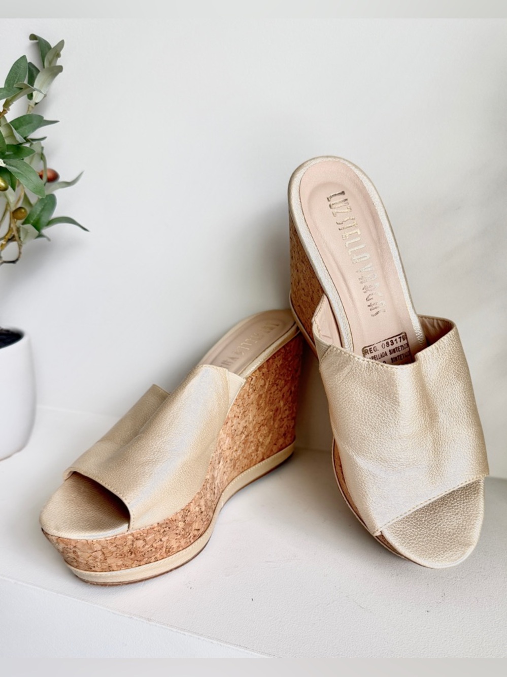 Like New Wedge Slidett Sandals in Champagne Metallic